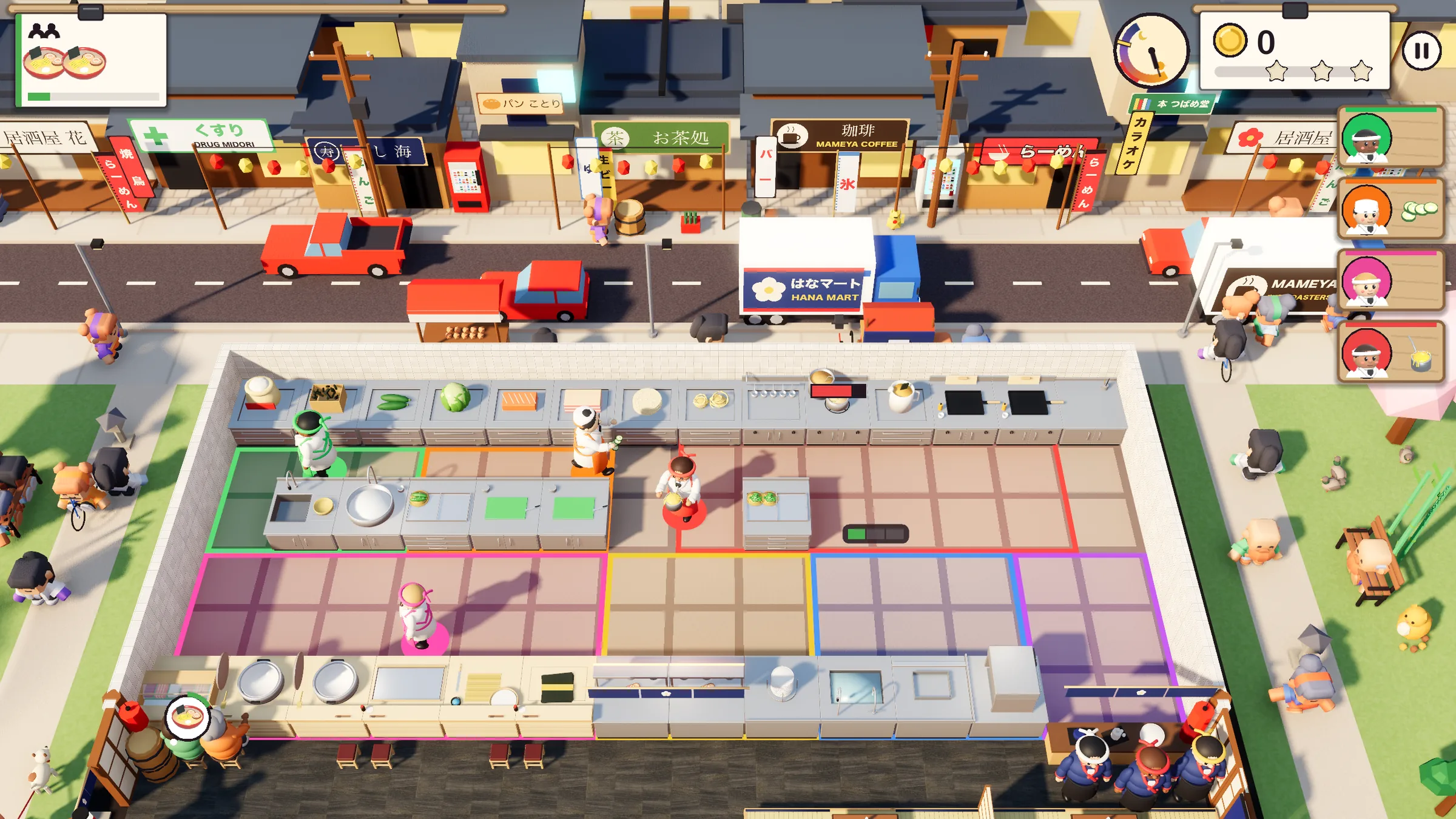 Hana from above in the middle of a shift: chefs on their zones, and behind it a street of shops, a Hana Mart truck, taxis and passers-by